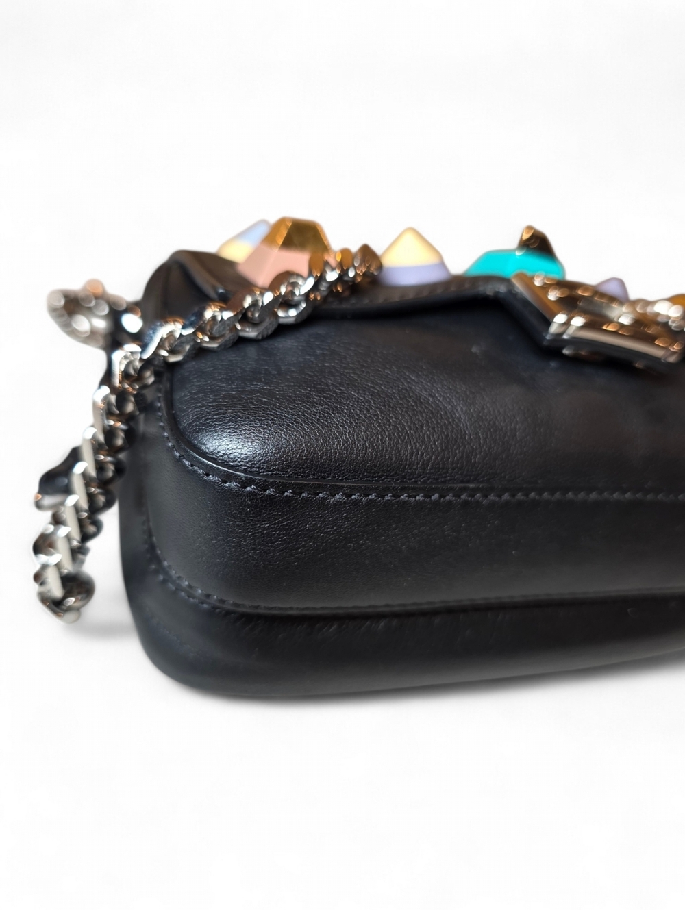 FENDI Double Mini Baguette Studded Crossbody Shoulder Bag Black Leather - Picture 6 of 13
